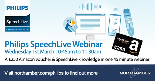 Join Philips speech processing solutions &amp; Northamber Solutions for this #SpeechLive Webinar &amp; you could win a £250 Amazon voucher! 
📅 Wednesday 1st March 
🕥 10:45 – 11:30 
Click the link below, register &amp; tune in
🔗 northamber80970.ac-page.com/philips-deal-r… 
#dictation #channelsales #webinar