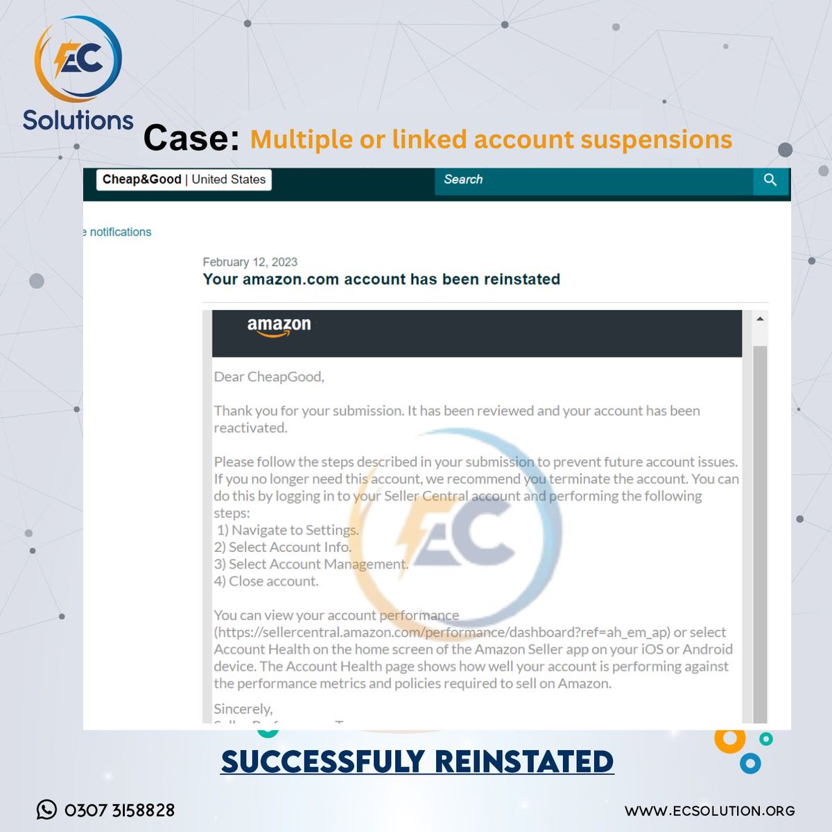 Rai_Sohaib_1's tweet image. 𝐂𝐚𝐬𝐞 𝐬𝐭𝐮𝐝𝐲: 𝐒𝐞𝐜𝐭𝐢𝐨𝐧 𝟑 𝐌𝐮𝐥𝐭𝐢𝐩𝐥𝐞/𝐒𝐞𝐩𝐚𝐫𝐚𝐭𝐞 𝐚𝐜𝐜𝐨𝐮𝐧𝐭 𝐢𝐬𝐬𝐮𝐞 
Successfully reinstated an amazon account which was suspended due to being linked with a known account.
#multipleaccounts 
#seperateaccounts 
#linkedaccounts 
#amazonsuspension