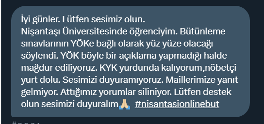 Trefax17's tweet photo. DM'mizden gelen mesaj. Üniversite öğrencilerinin sesine kulak verelim... #nişantaşıbütlerionlineistiyor https://t.co/Q1CqNjuW99