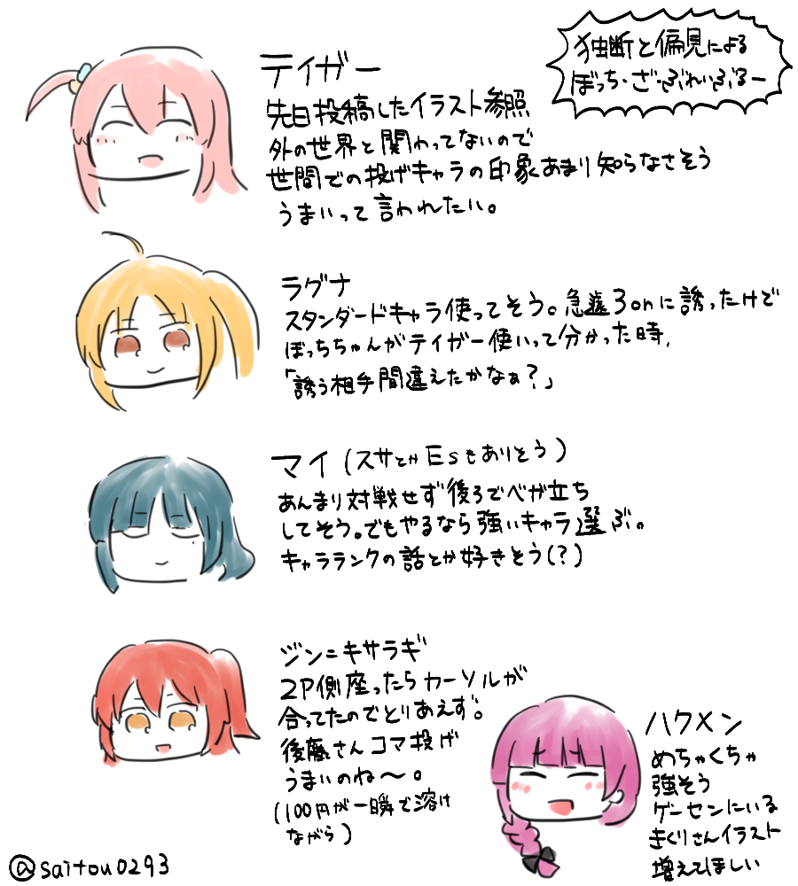 独断と偏見によるぼっち・ざ・ぶれいぶるー

フォロワーに影響されているとこもあるけど思いつく分だけ使ってそうなキャラ考えてみた 