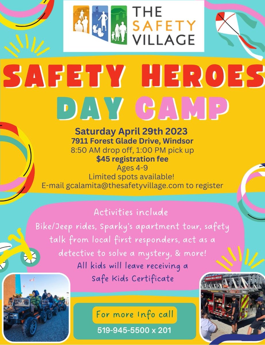 Calling all kids aged 4 to 9yrs... SAFETY HEROES DAY CAMP  <a href="/Safety_Village/">The Safety Village</a> on April 29th, 2023. Join <a href="/WindsorPolice/">Windsor Police</a> and <a href="/WindsorFire1/">Windsor Fire & Rescue Services</a> <a href="/CityWindsorON/">City of Windsor</a> and earn a Safe Kids Certificate! Call 519-945-5500 x 201 for more info.