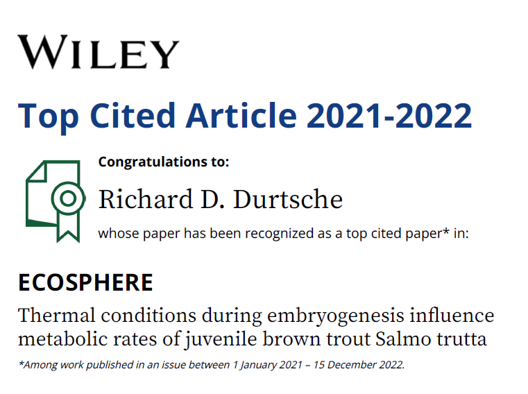 Congratulations to Dr. Dick Durtsche whose paper has been recognized as a top cited paper in Ecosphere!