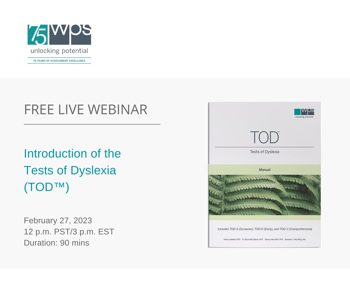 wpspublish's tweet photo. Register for our webinar Introducing the Tests of Dyslexia (TOD): https://t.co/XzdseaB509! 📚 Join the authors of the TOD as they discuss this new groundbreaking assessment and intervention resource on Monday, 2/27.
#Dyslexia #DyslexiaAwareness #Literacy #ADHD #TestsofDyslexia https://t.co/UpgIlAPHIX