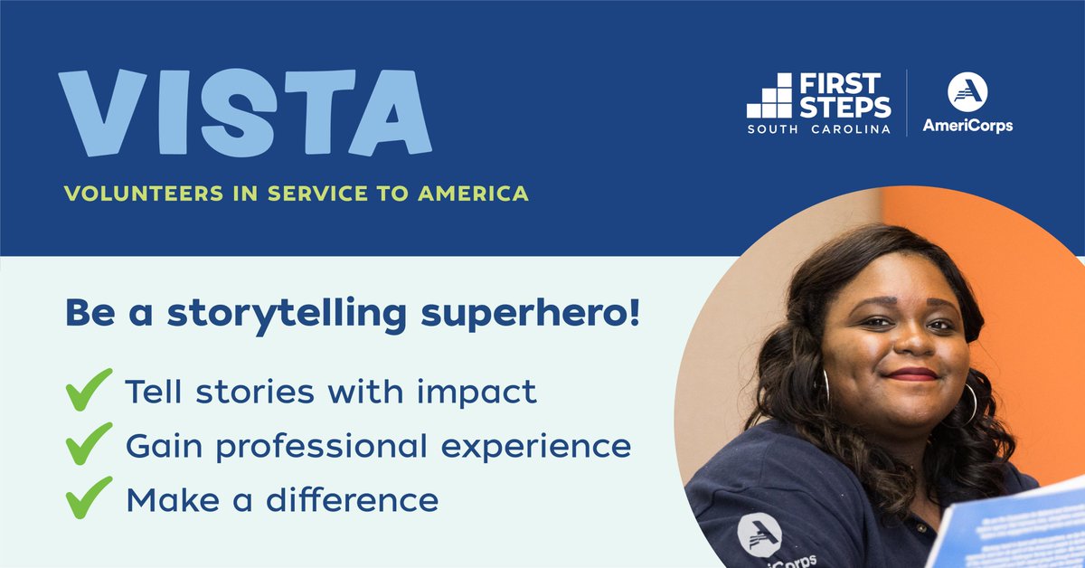 SCFirstSteps's tweet photo. Ready to make a real difference in South Carolina and hone your communications skills? Join our AmeriCorps VISTA team and help us tell great stories that have a big impact! Learn more and apply now ➡️ https://t.co/zUDcFXQQig #AmeriCorpsVISTA #Communications @AmeriCorpsVISTA https://t.co/tsPU2vZZMU