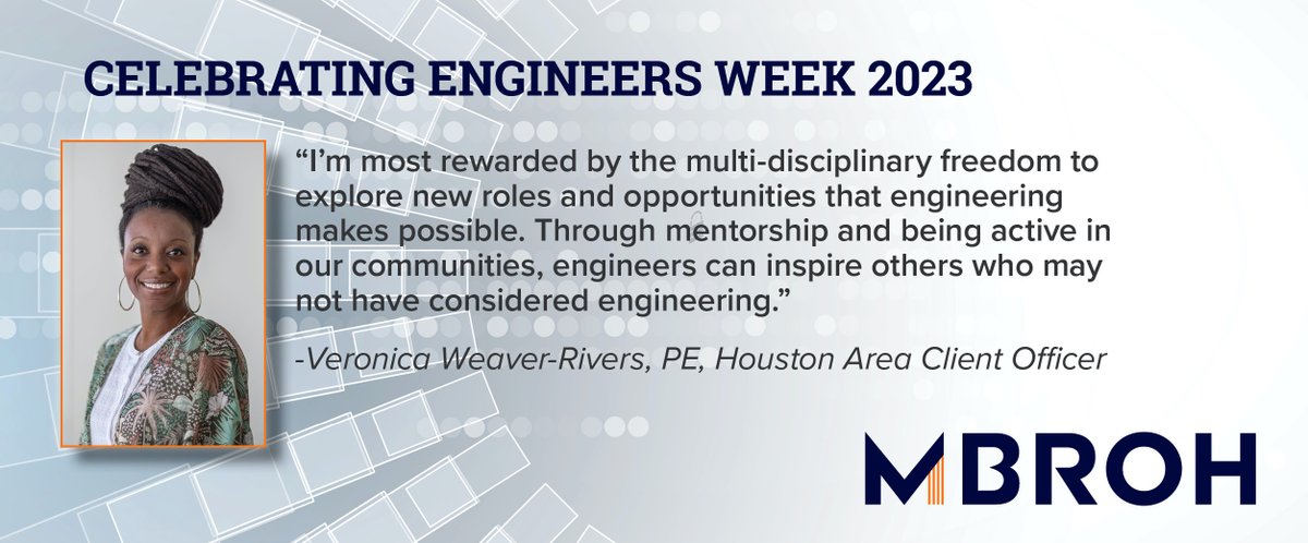 We're halfway through #EWeek2023 and today's #engineer 🌟spotlight 🌟 is Veronica Weaver-Rivers, PE, from our #Houston office. Read more about her #engineering journey and memorable projects in the full Q&A online. mbroh.com/mbroh-engineer…
#ProudPE #WhatEngineersDo