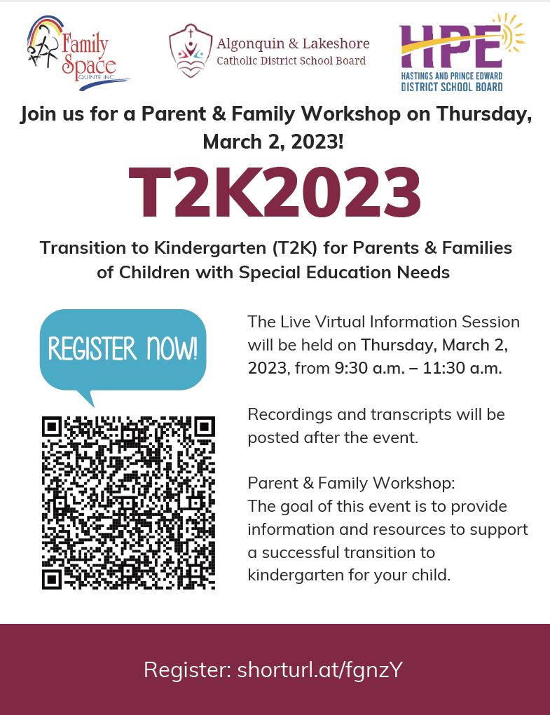Do you have a child with special education needs starting school in September? Join us for a virtual information session on Tuesday, March 2, for information and resources to support your child's successful transition to kindergarten in the fall. Register: shorturl.at/fgnzY