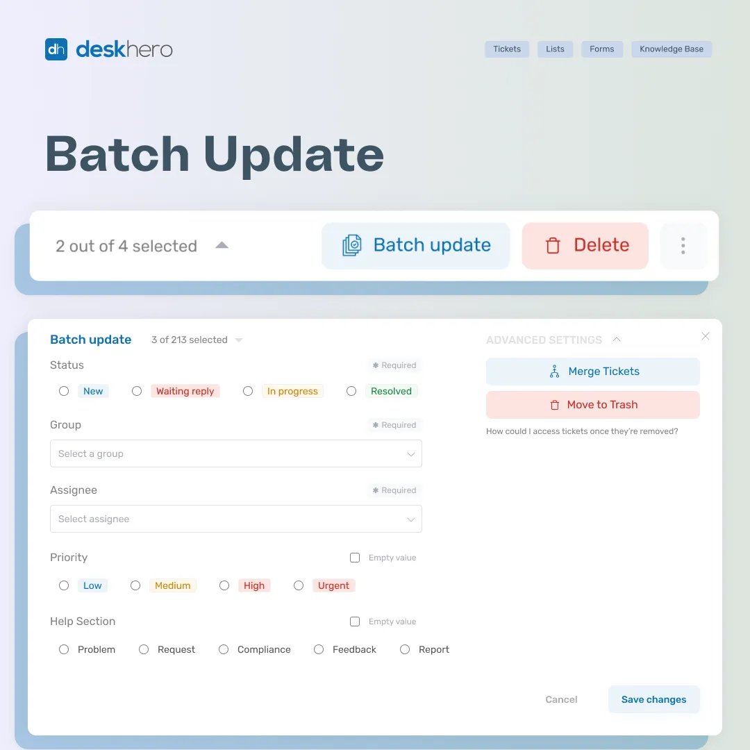 deskhero's tweet photo. Simplify bulk updates with our intuitive batch update feature. Effortlessly make changes to hundreds of list entries, tickets, and more with just a few clicks. 
#BatchUpdate #Efficiency #TicketManagement #DataManagement  #SaaS https://t.co/Wx19ESkcHu