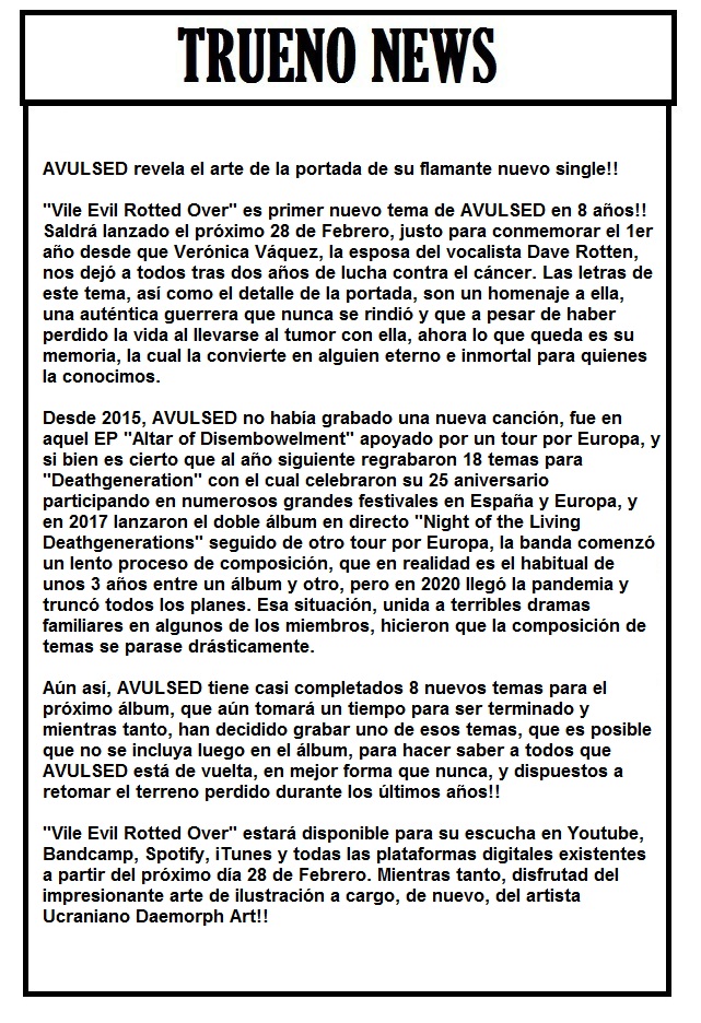 Tmetalicoweb's tweet image. TruenoNews: Los extremos 🇪🇸#AVULSED anuncian su regreso con un nuevo single Vile Evil Rotted Over que estará disponible en todas las plataformas el próximo 28 de febrero. La portada de este nuevo single, es obra del artista Ucraniano Daemorph Art. Más info del próximo cd, aquí 👇