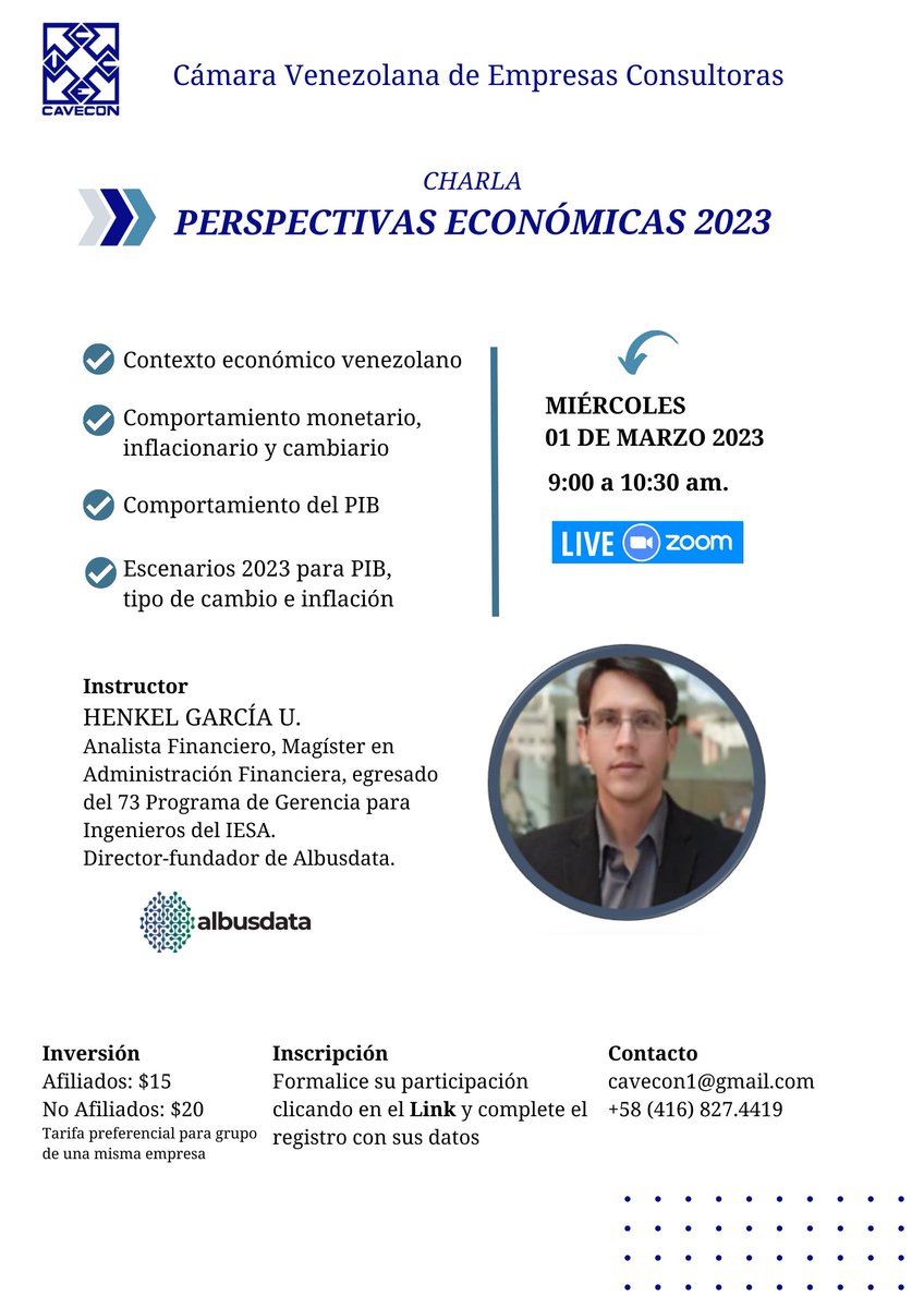 Invitamos a la Charla: Perspectivas Económicas 2023, organizada por <a href="/cavecon1/">CAVECON</a>  y con la participación de <a href="/HenkelGarcia/">Henkel Garcia U.</a> a celebrarse bajo la modalidad virtual el día 01 de marzo de 2023, a partir de las 9:00 a.m.

Más información en gilrosas.com.ve/charla-perspec…