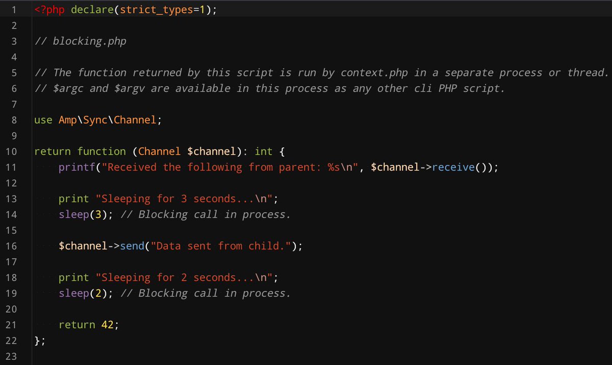 Announcing v2.0 of amphp/parallel, compatible with AMPHP v3 and fibers! 🎉

amphp/parallel provides true parallel processing for #PHP using multiple processes or threads, without blocking, no extensions required.

Below is an example with parent and child scripts communicating.