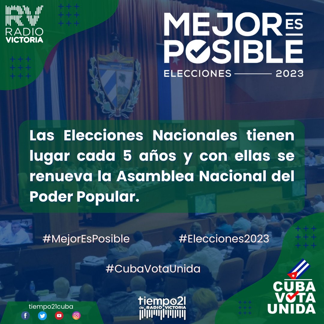 📌Las elecciones nacionales tienen lugar cada 5 años y con ellas se renueva la Asamblea Nacional del Poder Popular
🇨🇺🗳
#Cuba
#MejorEsPosible 
#VotoUnido 
<a href="/AsambleaCuba/">Asamblea Nacional Cuba</a> @dpslastunas <a href="/26deLasTunas/">Periódico26</a> <a href="/alibarrios1/">alibarrios</a> <a href="/gobiernotunas/">Gobierno Provincial de Las Tunas</a> <a href="/ICAPlastunas/">ICAP Las Tunas</a> <a href="/TunasTV1/">@LasTunasTV</a> <a href="/luisa_elena71/">Luisa Elena Rivera</a>