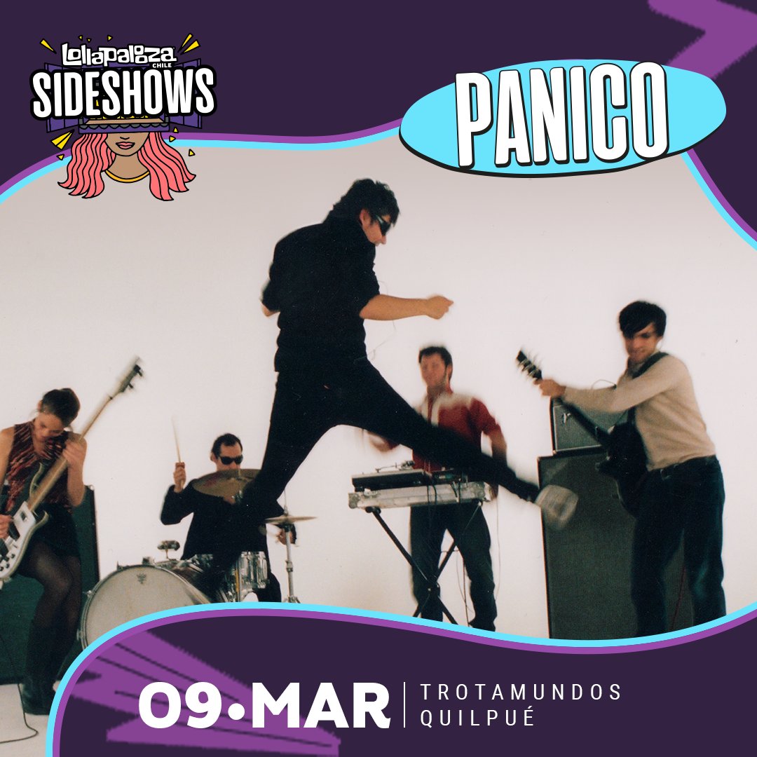 No te pierdas el #sideshow de Pánico⚡en Trotamundos, Quilpué 🎸 Este 09 de marzo a partir de las 21:00 horas... ¡Transpíralo Wey! 

🎟 Entradas Disponibles en Punto Ticket ✌️
bit.ly/3lV05c7
#LollaCL2023 #Sideshows2