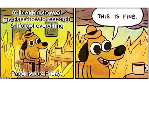 pacelibrary's tweet photo. Has this ever happened to you? No worries! Take 5 minutes to remind yourself how to use the library's resources and do effective searches with our videos @pacelibrary on YouTube.
#Pacelibrary #Paceuniversity #5minutestobetterresearch #makeresearcheasy https://t.co/proUbT8TOP