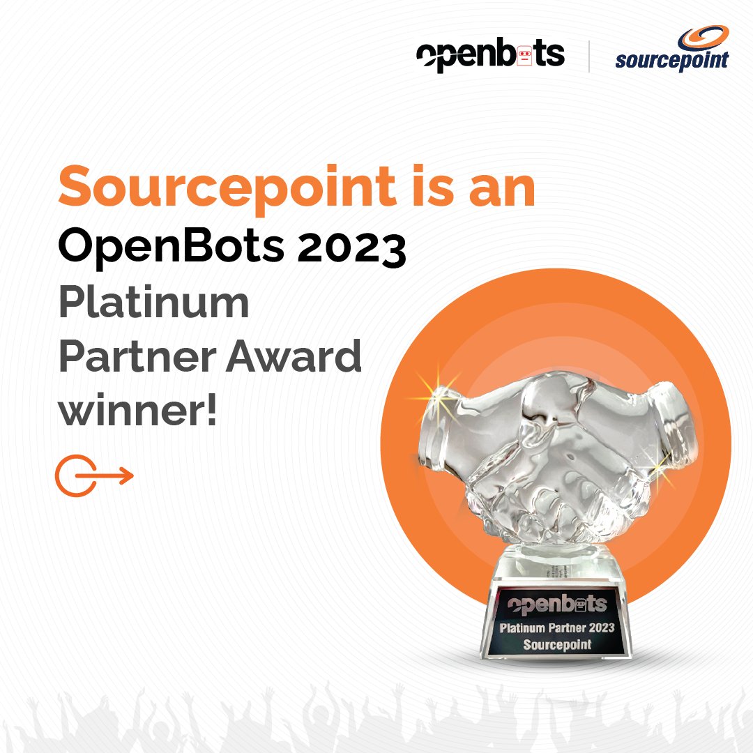 sourcepoint_'s tweet photo. We're thrilled to have won the @OpenBotsAI 2023 Platinum Partner Award. 
 
A huge round of applause for all our team members leveraging our company's #DigitalFirstDigitalNow approach and developing game-changing solutions in the #Mortage industry!

#SourcepointProud https://t.co/GatePeTeVC