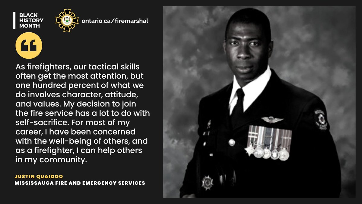 ONFireMarshal's tweet photo. #BlackHistoryMonth is an opportunity to celebrate Black Canadians’ past and present contributions to fire services across Ontario. Meet Justin Quaidoo, a Training Officer for Mississauga Fire and Emergency Services, who tells why he wanted to join the fire service: https://t.co/FmMVTf9nzr