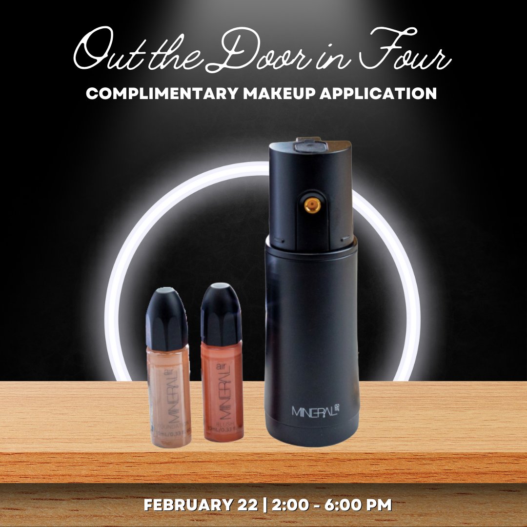 Today is the day ⭐️
Our <a href="/mineral_air/">Air mineral</a> makeup artist will be performing complimentary "Out the Door in Four" Makeup Applications from 2-6pm! This is the perfect chance to answer any makeup questions you have or just receive a quick touchup!

📲 817.416.9366