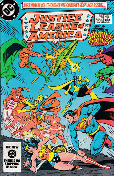#DailyStarman #JusticeLeagueofAmerica #232 November 1984. @DCComics. Cover by @ChuckPatton9. Story/art by @KurtBusiek, #AlanKupperberg. Info/pic from @GCDcomics. #Starman #JLA #JSA #JusticeSociety #Harbinger #Monitor #Superman #Supergirl #Flash #GreenLantern #DrFate #WonderWoman