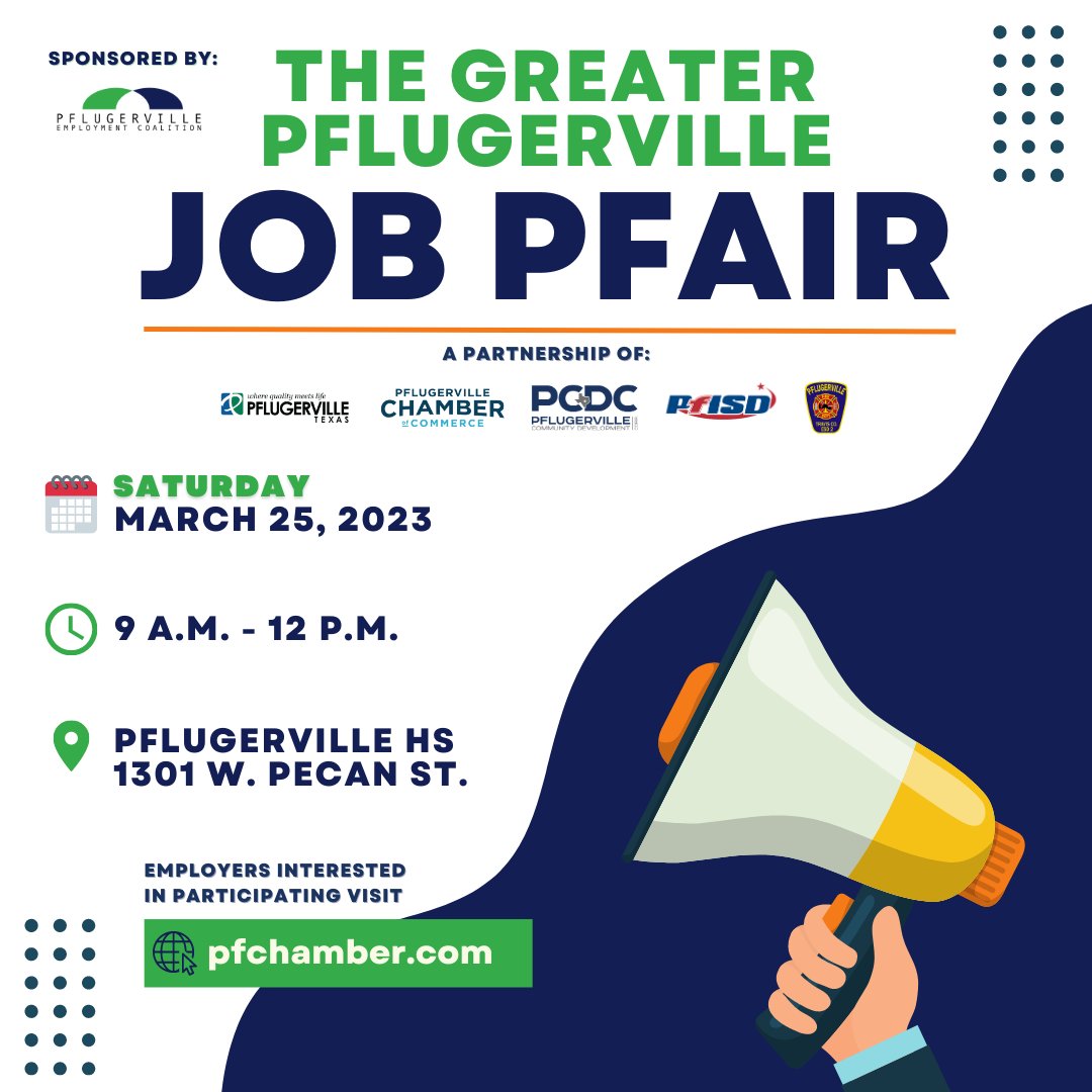 PflugervilleTX's tweet image. Is it time for a new job? Attend the Greater PF Job Pfair on March 25 at Pflugerville High School Learn more here: bit.ly/3WRBDF7