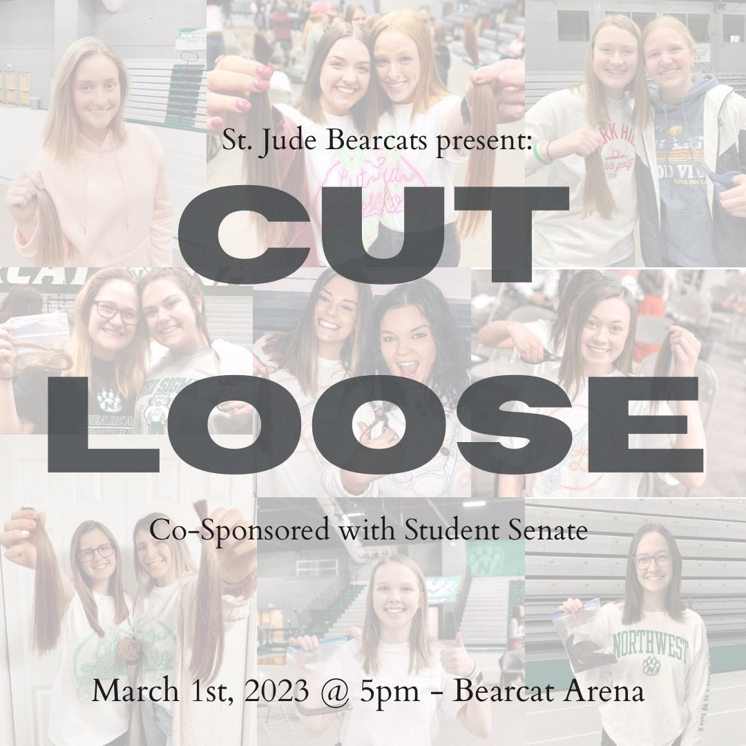 hey Bearcats! we are just ONE week away from Cut Loose! it is not too late to sign up to donate your hair! keep in mind that EVERYONE is welcome to come to this event to support their friends and fellow classmates! can’t wait to see you there 🤩 
<a href="/NWMOSTATE/">Northwest Missouri State University</a> 
<a href="/NWsenate/">Student Senate</a>