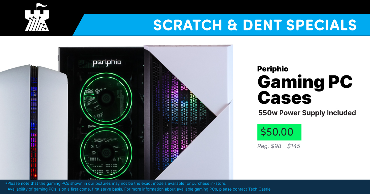 TechCastleKY's tweet photo. Looking to save some $ your new gaming build? We offer our same great gaming cases that we use to build our Periphio gaming PC's in our Scratch and Dent section at MASSIVE discounts. Save $48 to $95, and for a limited time get a pre-installed FREE 550w power supply with purchase! https://t.co/6FQ8dKNdvK
