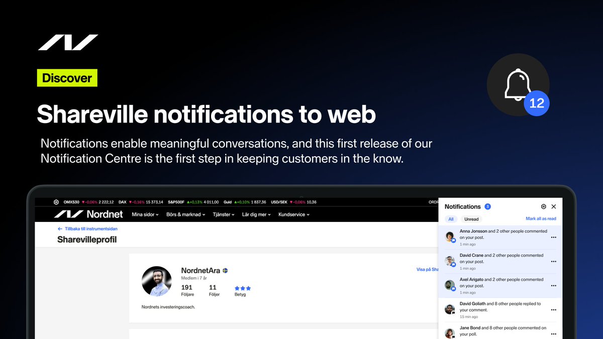 RJarborg's tweet photo. 🔔 Notifications! We're starting to roll out notifications for the @Nordnet web, starting with @Shareville events. 

Phased roll-out to 10% of users but will ramp up over the next week. 

#alwaysbeshipping #nordnet #shareville #socialinvesting https://t.co/sydojCFbeE