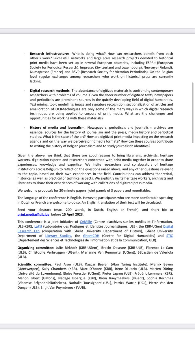 *CFP* Belgian Print Media in the Age of Digitization. Current Challenges of Research into the History of Media and Journalism in Belgium. Deadline for proposals 15 April 2023. Please spread! @kbrbe @LaPIJ_ULB @GhentCDH #journalism #mediahistory