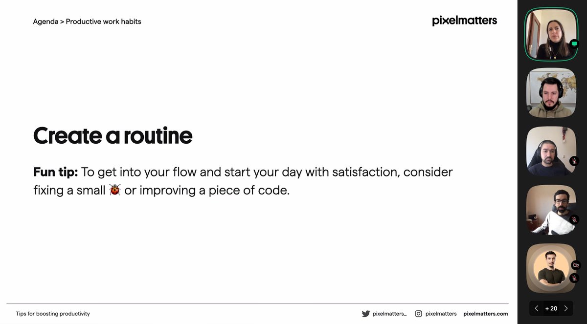 pixelmatters_'s tweet image. How can you become more productive as an Engineer?
We discussed it during our last #codematters, a monthly talk that gathers our Engineering Team.
There are two tips in the image. 👀