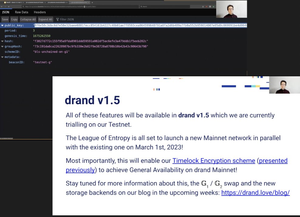 protocollabs's tweet photo. 4/5 #drand 🚀provides a public randomness service that is fully decentralized.
Watch the team’s latest demo (https://t.co/7gqmtR5F1x) on their new 💫features in v1.5 where they make cryptography more efficient, and optimize storage beacons. https://t.co/Rewt7BsEFv