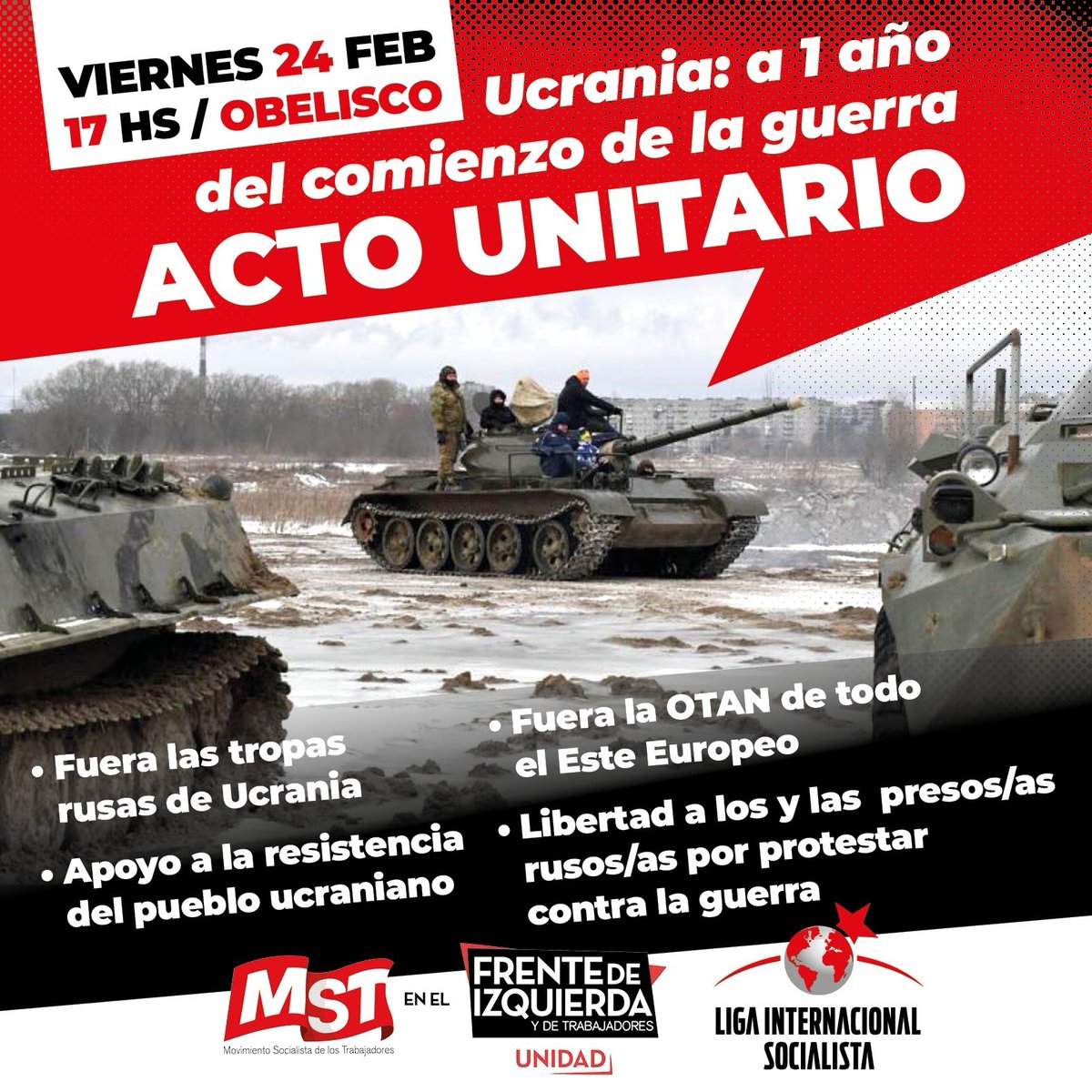 Se cumple un año de la invasión imperialista de Rusia a Ucrania. Diferentes organizaciones vamos a estar reforzando nuestro apoyo a la resistencia ucraniana y el repudio a la OTAN y todos los imperialistas.

<a href="/MSTargentina/">MST Argentina</a> <a href="/isl_lis/">Liga Internacional Socialista</a>