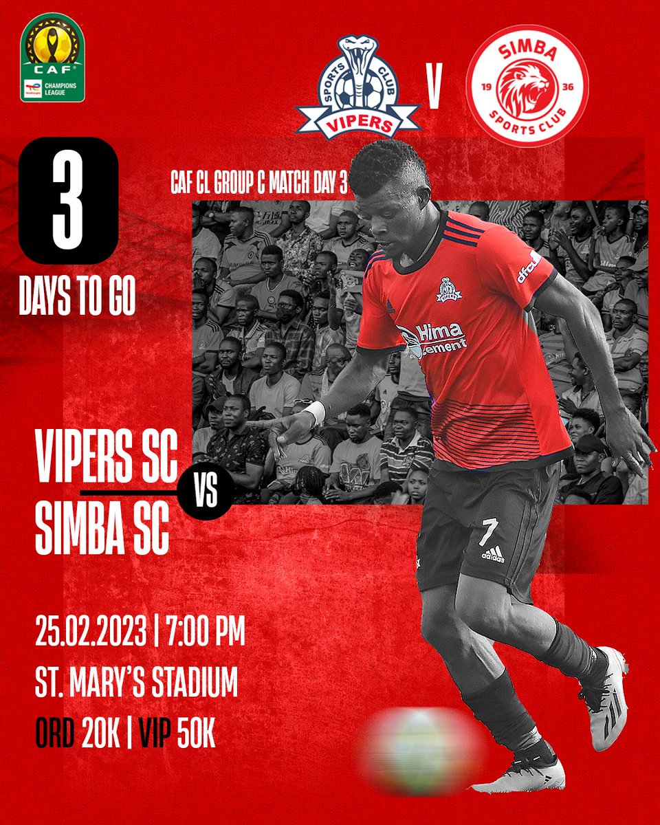 VipersSC's tweet photo. 🔜 𝟑 𝐃𝐚𝐲𝐬 𝐭𝐨 𝐆𝐨!!!
The countdown to Saturday's East African Derby is on!
We all know what this one means.
#VIPSIM | #VenomsUpdates | #OneTeamOneDream https://t.co/iGN8cVFBUf