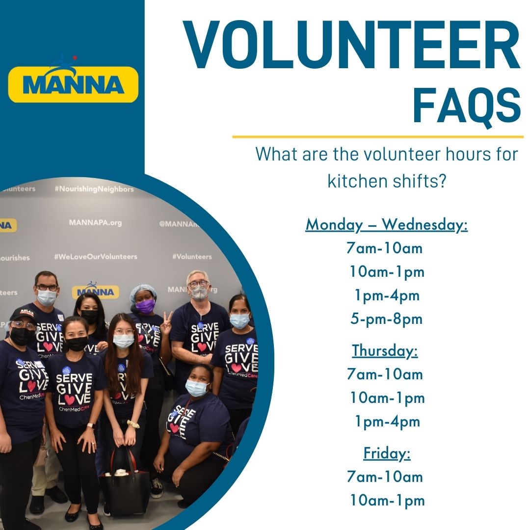 MANNANourishes's tweet image. Volunteers play an essential role here at MANNA, and our goal is to ensure a seamless experience for them. If you&apos;re curious about what you can expect as a MANNA volunteer, whether or not you need cooking experience, or want to see what kitchen shifts to apply for, look below!