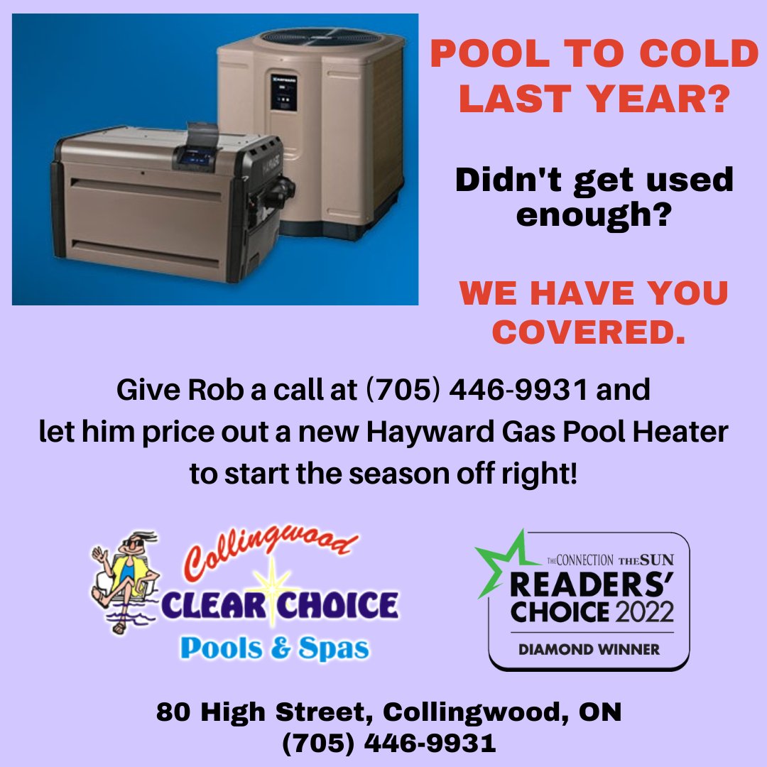 clearchoicecwd's tweet image. Was your pool too cold to use last year?  Get an earlier start on your swim season!  Call Rob at Collingwood Clear Choice Pools &amp;amp; Spas at (705) 446-9931 &amp;amp; let him price a new Hayward Gas Pool Heater to start your pool season off right!
#PoolHeaters #HaywardHeatersCollingwood