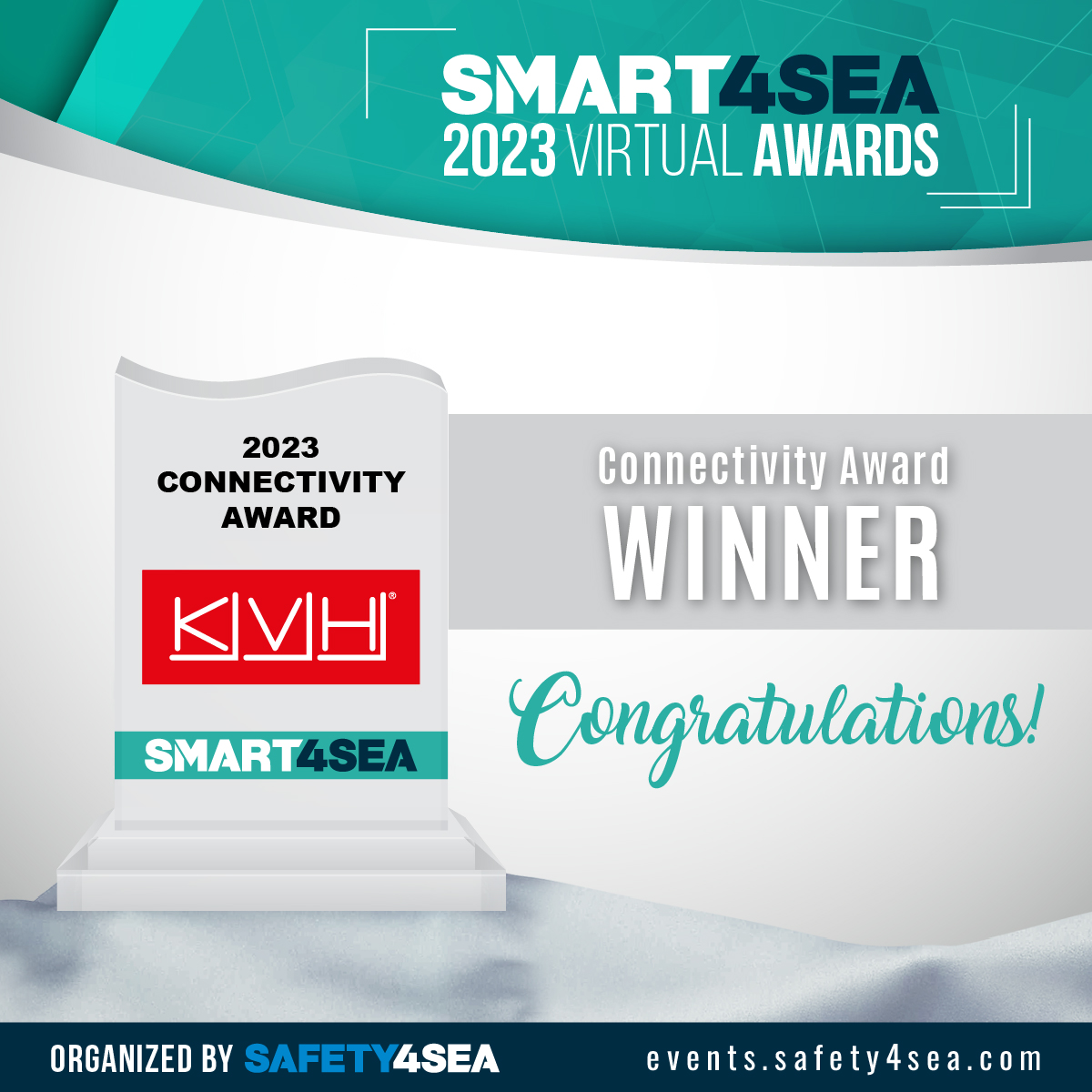 safety4sea's tweet photo. 2023 #SMART4SEA Awards: @KVH receives the Connectivity Award for its TracNet™ terminals which introduce a new standard for #connectivity for all types of vessels worldwide.
🎉👏 Congratulations 🎉👏
Mr. Robert Balog, Chief Technology Officer, accepted the award. https://t.co/UvCjwoVNrg
