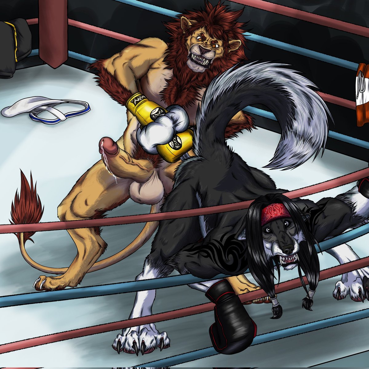 Yamatsumi3's tweet photo. @EthernalWolf was boasting too much about how his balls were bigger than Katsu's so the tough Lion decided to teach him a lesson in the boxing ring. 
This incredibly piece is by @x_tovas, make sure to follow him for more ballbusting action! 🥊🥊🥚🥚💦💦
#ballbusting #ballsboxing https://t.co/3tUF3dZjdE