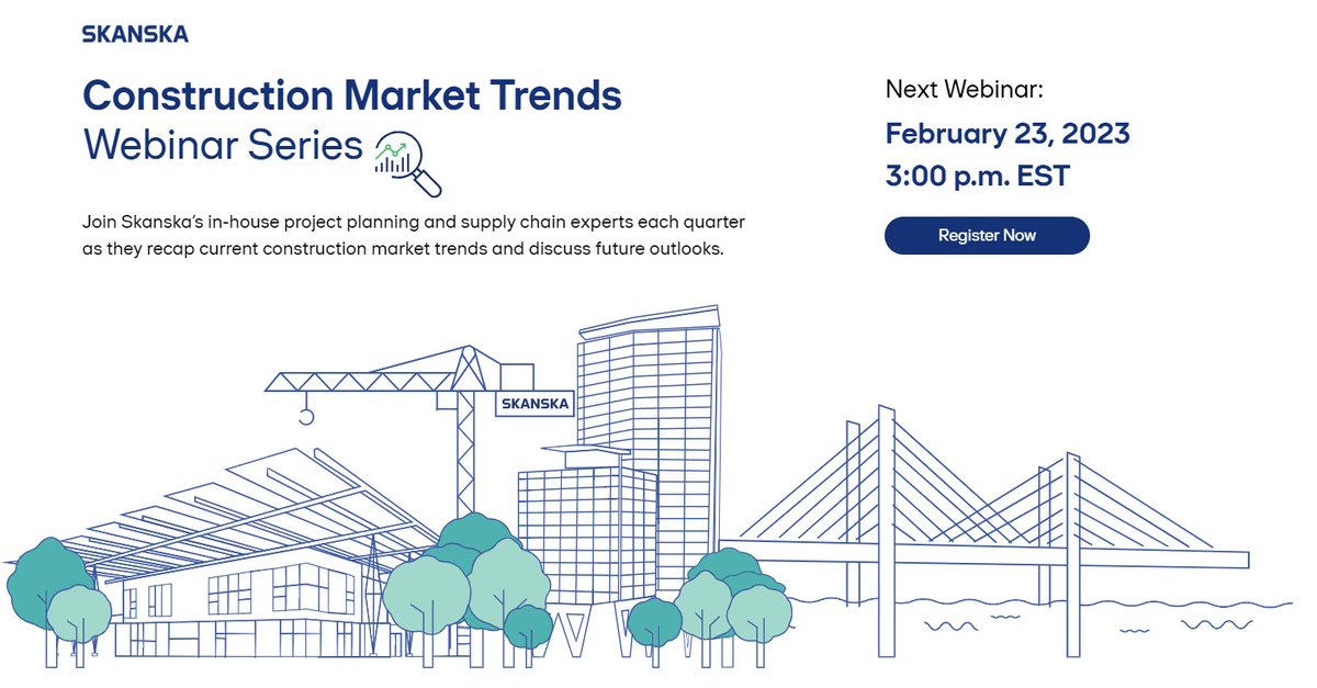 SkanskaUSA's tweet image. Don&apos;t miss our Winter 2023 Market Trends Webinar tomorrow with our in-house project planning and supply chain experts as they recap current construction market trends and discuss future outlooks. Register here: bit.ly/3SjhirL

#Skanska #KnowledgeAndForesight