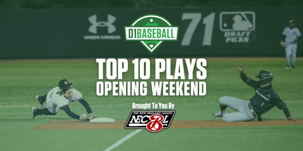 𝐃𝟏𝐁𝐚𝐬𝐞𝐛𝐚𝐥𝐥 𝐓𝐨𝐩 𝐏𝐥𝐚𝐲𝐬 - Opening Weekend

Thanks to our friends at the @TheNECBL, the #D1Top10 is back!  We're doing it a little differently this year. The Top 10 Plays will be tweeted out in a thread, in no particular order.

Check Out This Week's Top Plays 👇