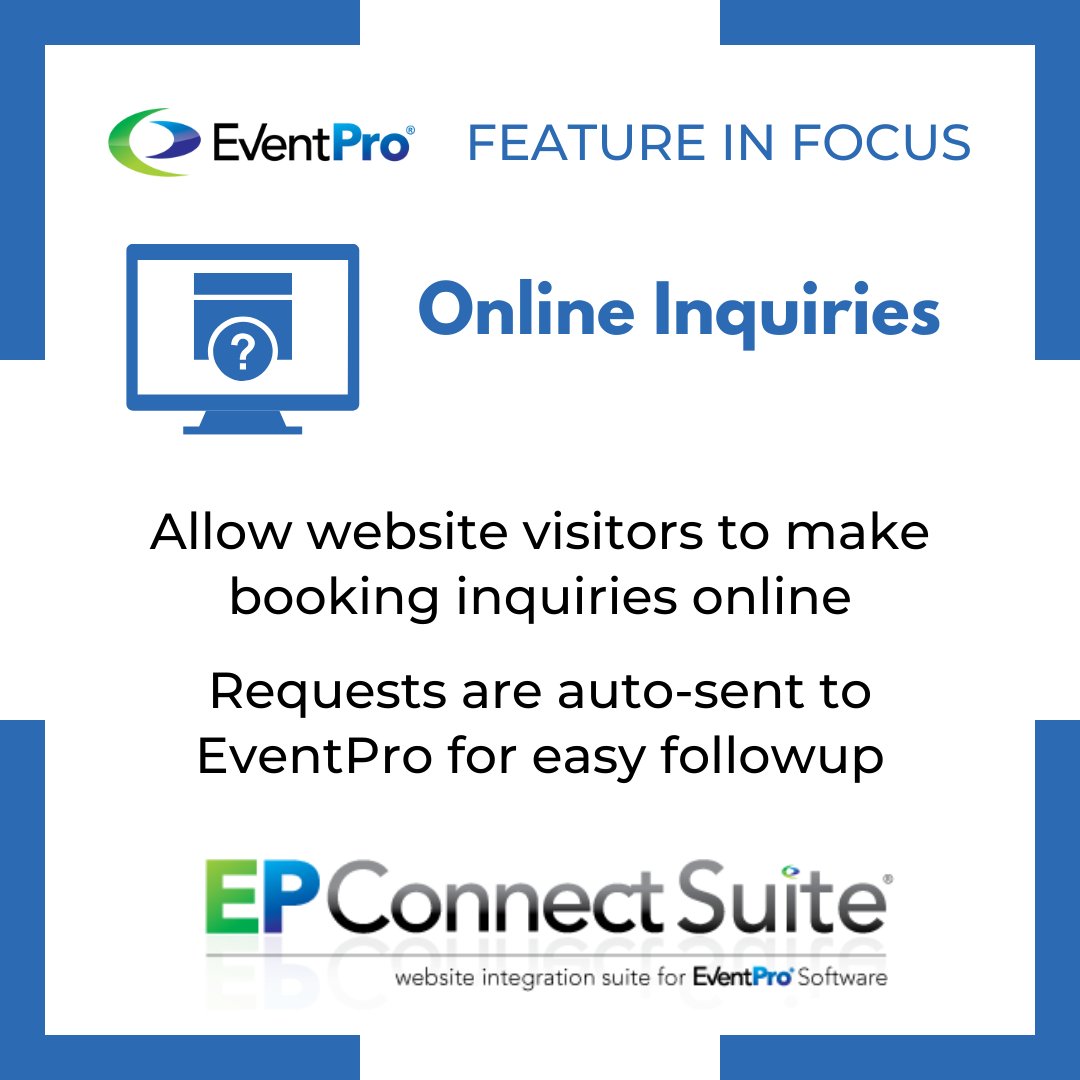 EventProConnect's tweet photo. Feature in Focus: EPConnect Online Inquiries allow web viewers to enter event requests with your customized online inquiry form.
For more info, visit our website: https://t.co/gigKbyEhgO
#eventprosoftware #featureinfocus #eventprofs #eventtech #eventinquiries https://t.co/HjRet1Mi80