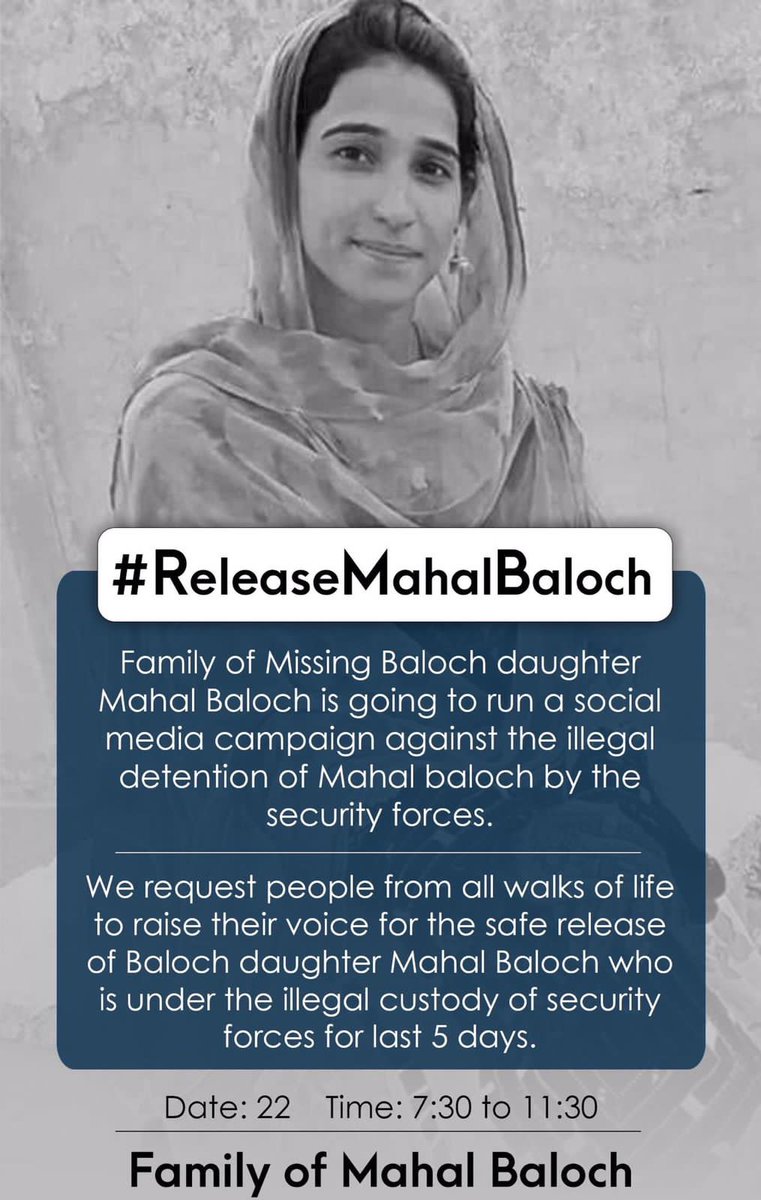 Alijanmaqsood12's tweet photo. Join the online campaign against arrest of Mahal Baloch and brutal murder of Granaz Baloch and her family members to show your full time support to the grieving family. Because everything is reciprocal in Balochistan.

#ReleaseMahalBaloch
#JusticeForGranazBaloch https://t.co/PzXNozAe1B
