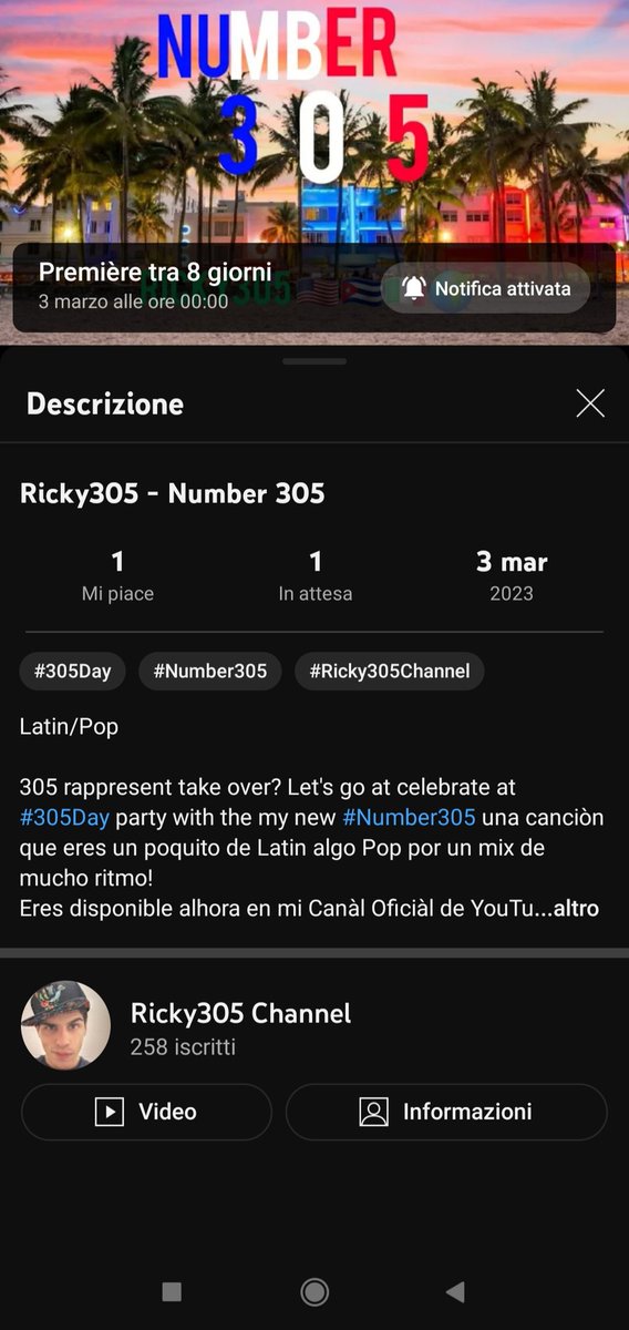Ricky305Italy's tweet photo. Next Friday!!
As promise, this Is the a first anticipation of 305 Day Party With Ricky305 , this #Number305 a song dedicated at this amazing, beautiful, paradise city as Miami
The my new single will be available next Friday March 3th
Pre-save Now ππΌπ
https://t.co/tie92sJWbG https://t.co/einZKfFLYA