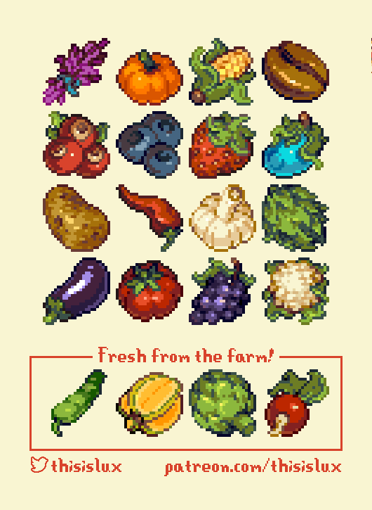 thisislux's tweet photo. some quality crops have been freshly picked for my stardew valley mod! 🧄🍆🍅🍇🌽🥔 https://t.co/yPWMPXizbO