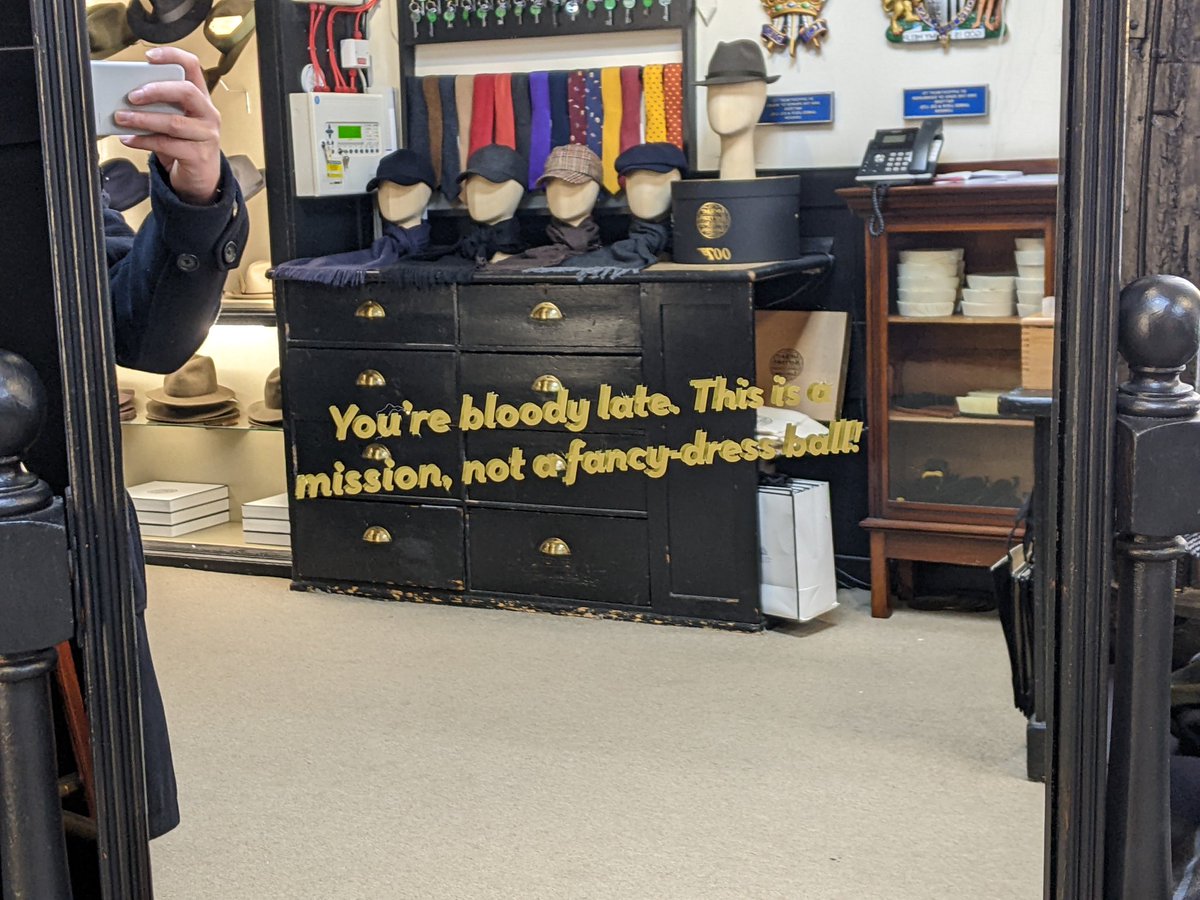 TimStylesActor's tweet photo. Wonderfully niche James Bond reference on the mirror at Lock Hatters. #JamesBond #LockHatters #TheLivingDaylights https://t.co/D2xgZFKzxi