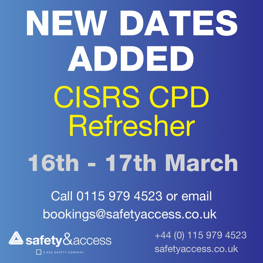 Safetyaccess's tweet photo. NEW DATES ADDED!
CISRS CPD Refresher
16th - 17th March
Nottingham

Call 0115 979 4523 or email
bookings@safetyaccess.co.uk

https://t.co/86jF327s1M

#cisrs #cisrscardholder #cisrscpd #cisrscpdrefresher #scaffolder #scaffoldertraining #scaffoldingrefresher #scaffoldrenewal https://t.co/WuJITTqyNG