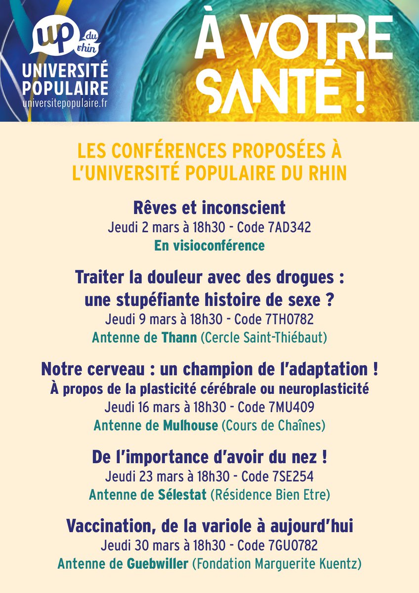 UPduRhin's tweet photo. 🔬 En mars, c'est le mois de la santé et de la recherche médicale avec la manifestation ⚛️ À votre santé ! ⚛️ coordonnée par la @Nefdessciences &amp; l’Inserm Est
Cette année,  5️⃣ conférences gratuites vous seront proposées avec l'#UPduRhin ! 😍

+ d'infos 👉 https://t.co/2oXKsGMcIZ https://t.co/CctneybJKl
