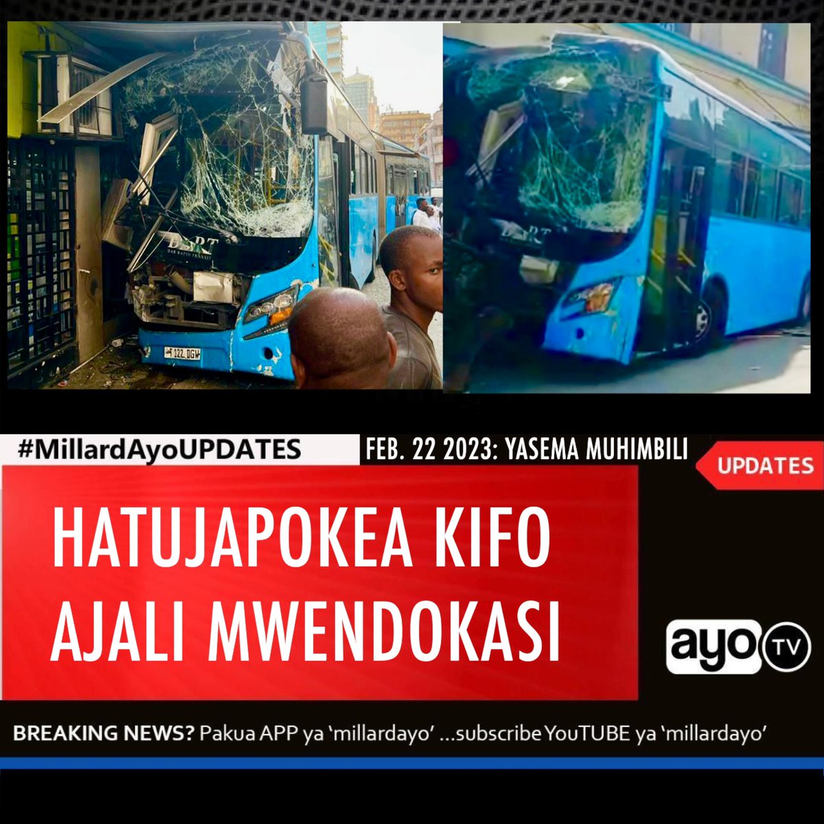 Hospitali ya Taifa Muhimbili imesema imepokea Majeruhi 37 wa ajali ya leo ya ‘mwendokasi’ na haijapokea kifo chochote, amesema Kaimu Mkuu Kitengo cha Mawasiliano Neema Mwangomo na kuongeza kuwa baadaye atatoa taarifa kuhusu Mtembea kwa miguu aliyegongwa. #MillardAyoUPDATES