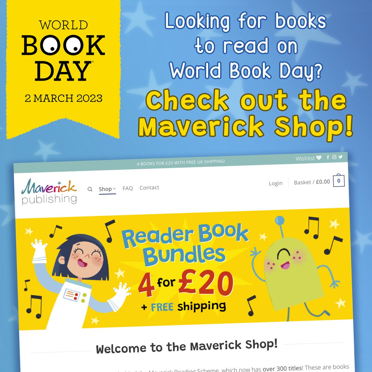📙 World Book Day is coming soon!
If you're looking for some new books to join in the fun, check out our shop - shop.maverickbooks.co.uk! 
You can buy any 4 Readers for just £20, with free shipping!

#worldbookday #worldbookday2023 #childrensbooks #earlyreaders #chapterreaders
