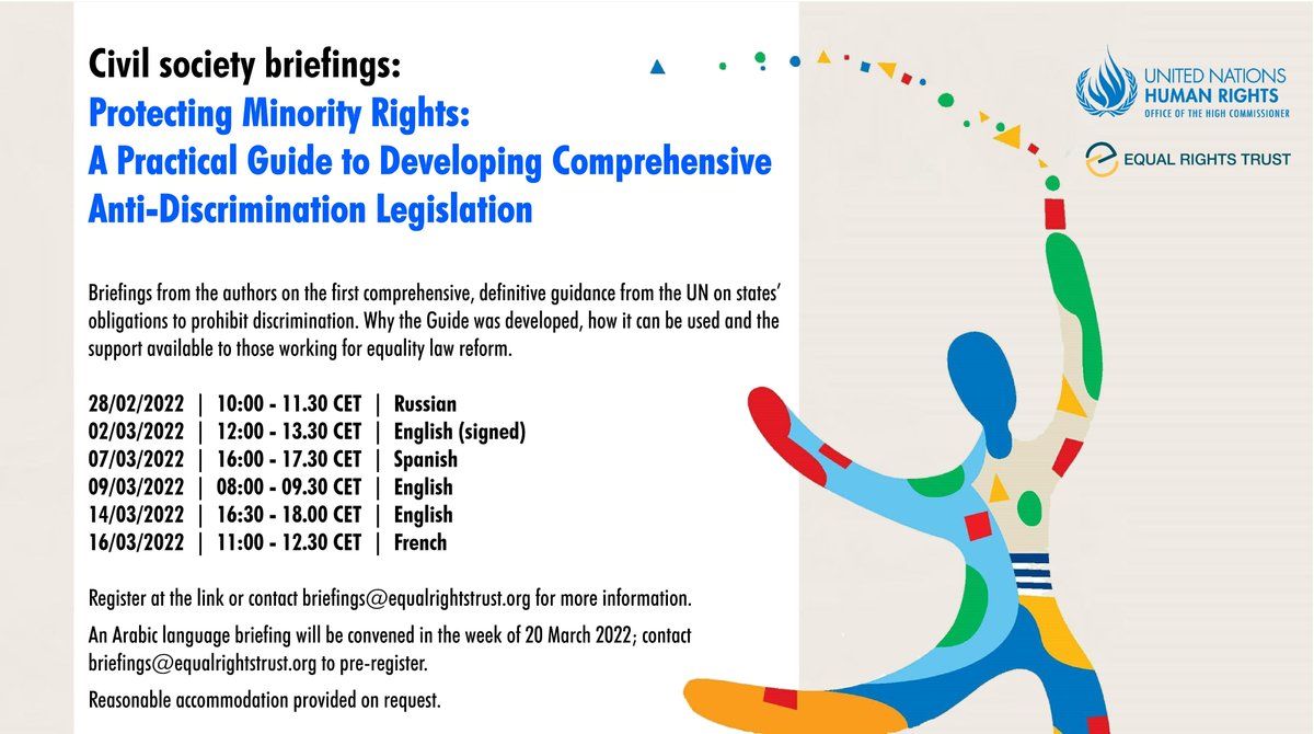 EqualRights's tweet image. The first of our global briefings with @UNHumanRights on the Practical Guide to Developing Comprehensive Anti-Discrimination Law take place next week.

28 Feb - Russian
2 Mar - English with ISL interpretation

Details and registration here: bit.ly/3HKEbj3