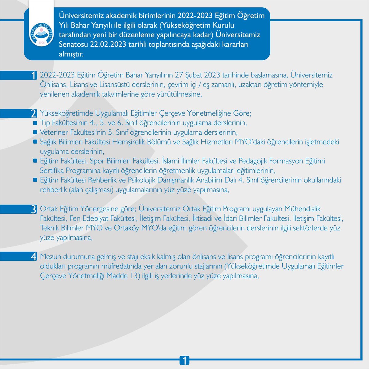 aksarayedutr's tweet image. Kıymetli Öğrencilerimiz; Üniversitemiz 2022-2023 Bahar Yarıyılı Eğitim Öğretim Planlaması Senato Kararı ile belirlenmiştir. @ProfYusufSahin 

#ASÜ #AksarayÜniversitesi #ASÜlü #Aksaray