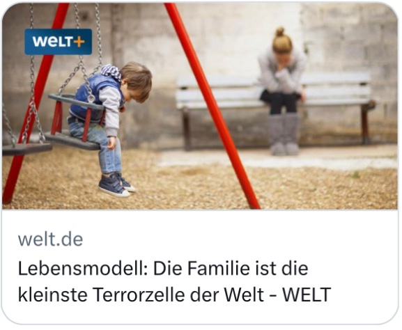 Herkunfts- und Geschichtslosigkeit ist dystopisches Ideal und auch das Ziel der heutigen Sozialtechnologen. Jedes Leben soll mit diesem Leben absolut zu Ende gehen. Deshalb wird mit der #Familie tabula rasa gemacht.

#OhneBestand
#Terrorzelle