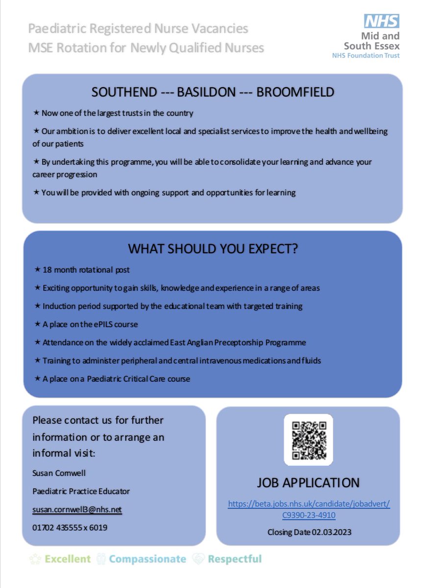 _BecCampbell's tweet photo. We are excited to offer a brand new paediatric rotational programme for Newly Qualified Paediatric Nurses over our 3 sites. Please below for more information about the exciting opportunities available at Mid and South Essex NHS Foundation Trust.
https://t.co/sw8IdqUbpR https://t.co/DfctFe4Xgr