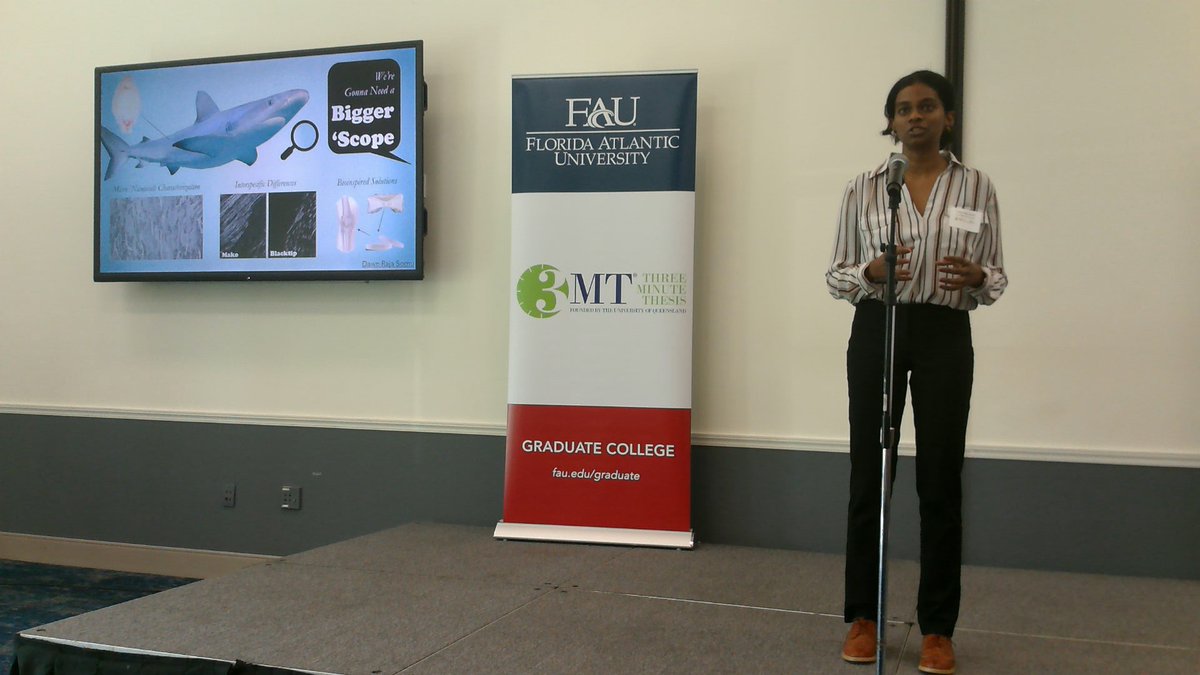 Dawn Raja Somu, graduate student from @FAUScience presenting “With Every Fiber: Characterizing Biomineral Ultrastructure and Nanomechanical Properties of Shark Vertebrae” #FAU3MT #3MT #ThreeMinuteThesis #Science #FAUGradCollege #research #scholarship